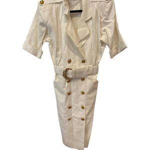 REO Originals White Gold Buttons Belted Midi Dress Womens Size‎ 6 Power Vintage